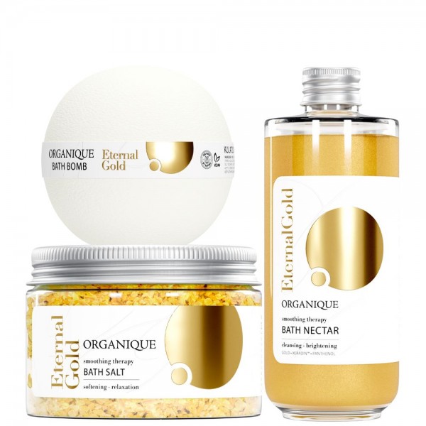 Zestaw Eternal Gold - Sól do kąpieli, Odżywcza kula i Nektar do kąpieli